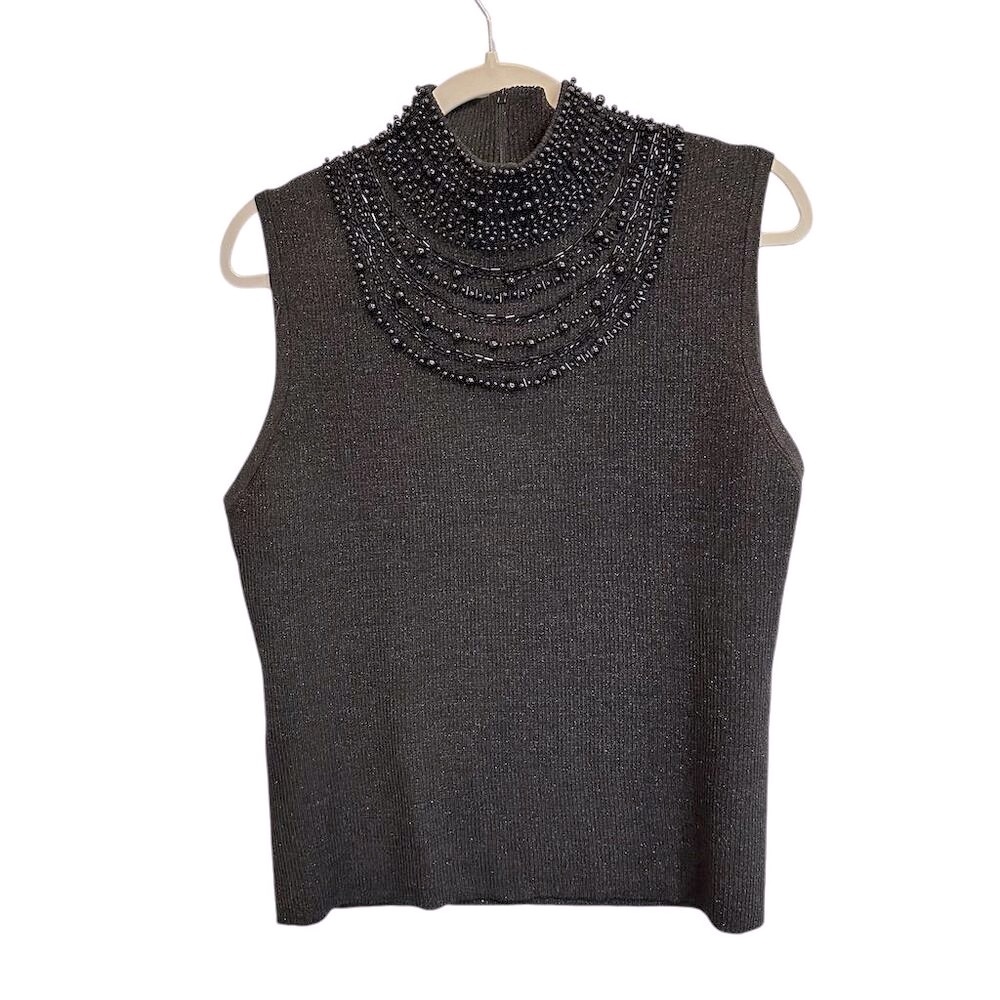 Grace Elements Women's XL‎ Black Sleeveless Beaded High Neck sweater - Picture 2 of 6